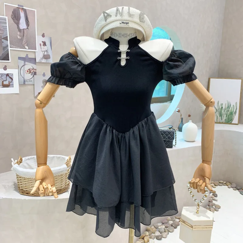 

Новинка Женская одежда лето 2022 Милое сексуальное тонкое черное пышное платье с открытыми плечами