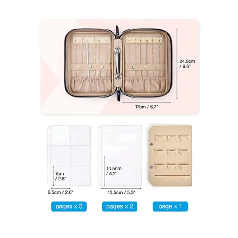 Multi-layer Jewelry Travel Organizer Black Pink Storage Box with Clear Booklet Zipper Pouch Bag Fabric Jewelry Packaging Holder
