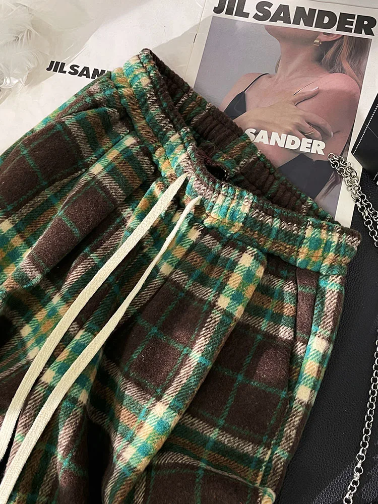 Женские широкие брюки в зеленую клетку размера плюс осень-зима 2023 новые