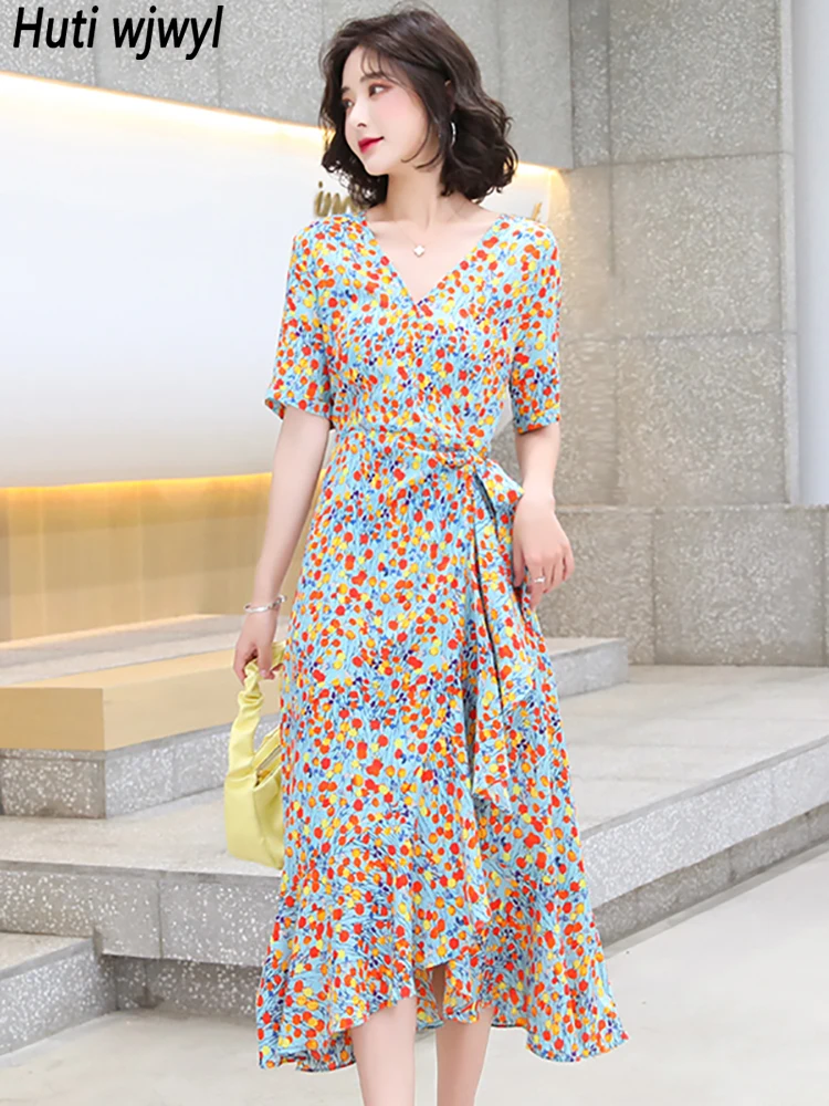 

Women Floral Chiffon V-Neck Midi Dress Summer Korean Fashion Party Mermaid Dress 2023 Elegant Bodycon Casual Boho Beach Sundress