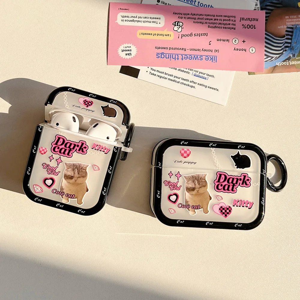 

Cool Cat Pattern Black Frame Protective Case for AirPods Pro 2nd Earphone Case for Apple AirPods 3 AirPod 2 1 Cover with Keyring