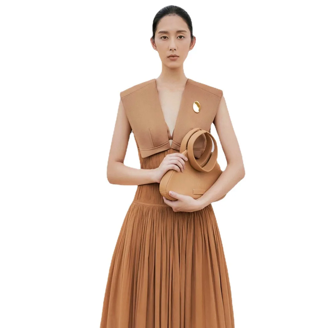 

Elegant Dresses for Women 2023 Women's Summer Long Dress khaki Sleeveless V-neck Pleated Large hem Evening Dresses Ladies