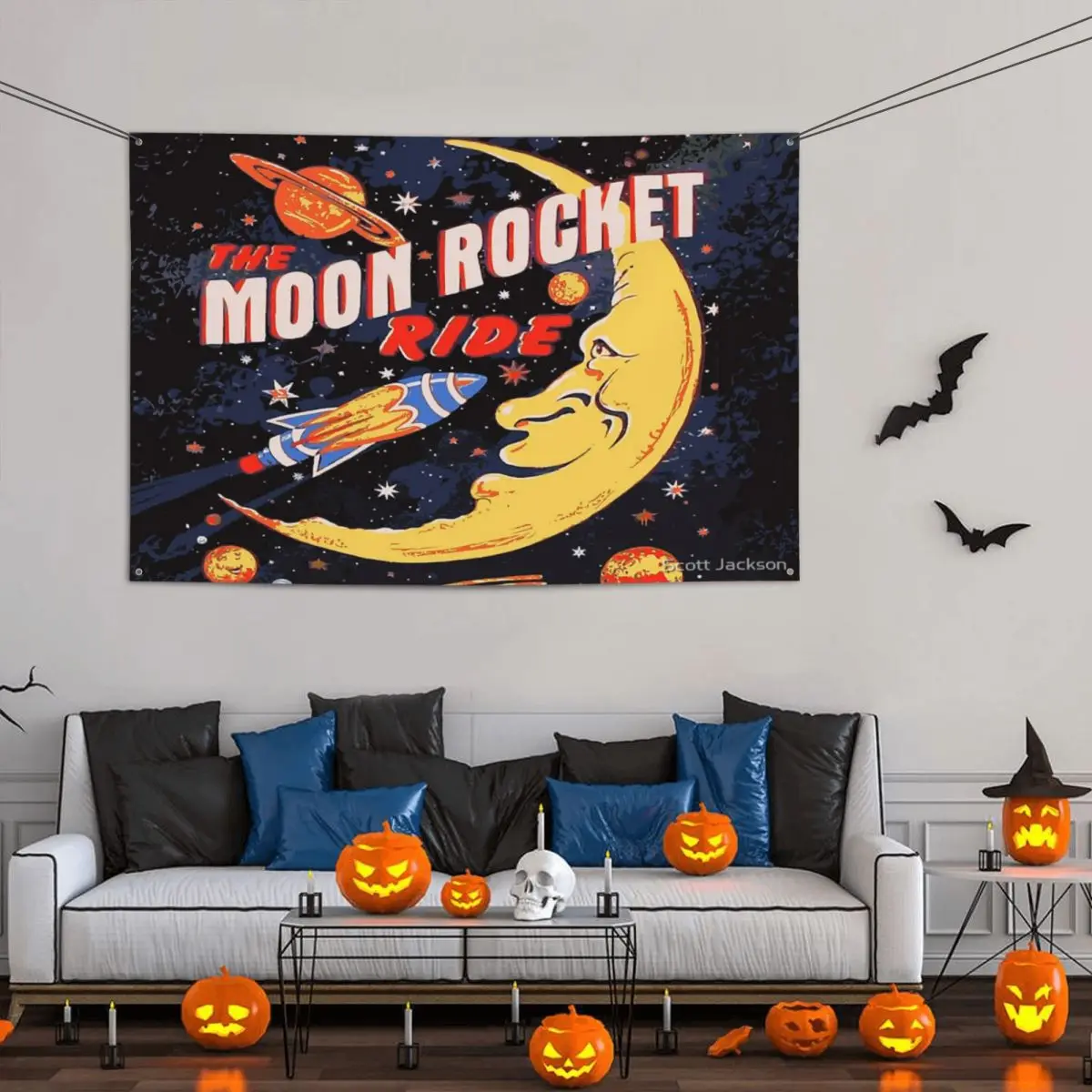 

Rocket Moon Ride (vintage) Party Banner Decor 120x180cm Polyester Material Indoor Vibrant Colors Flowy Bright Color