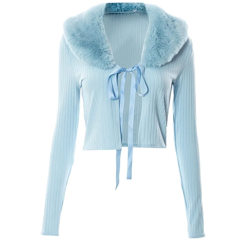 

Women's Faux Fur V-Neck Panel Cardigan Knit Cropped Sweater Women's Chic Long Sleeve Single Breasted Slim Blue Top Hot Sale