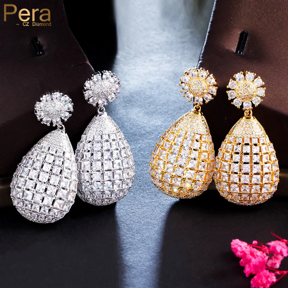 

Pera New Bohemian Full Shiny CZ Stone Pave Bridal Wedding Big Flower Waterdrop Drop Earrings for Women Beach Party Jewelry E956