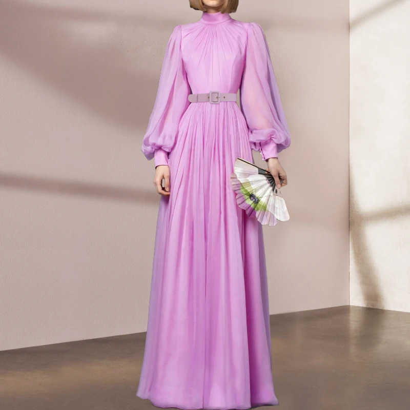 

Elegant Draped Maxi Chiffon Dresses For Women Stand Collar High Waist Solid Purple Lantern Sleeve Pleated Long Party Dress