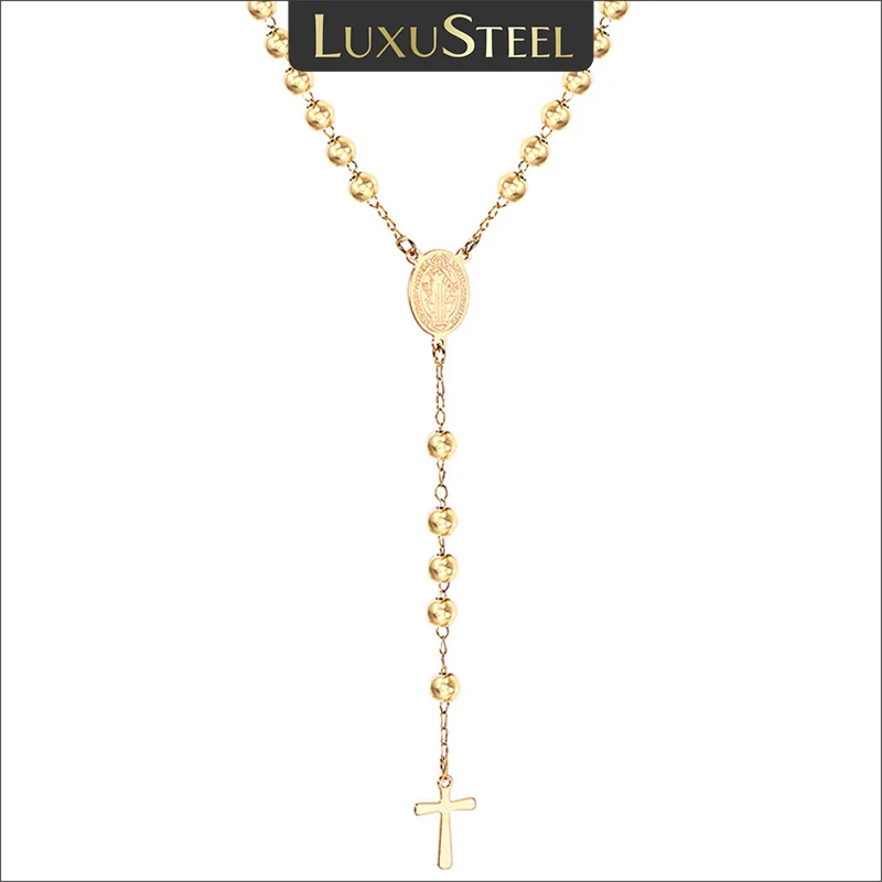 LUXUSTEEL Beads Jesus Cross Long Necklace For Women Men Stainless Steel Rosary Christian Catholic Religious Jewelry52cm/65cm+7cm