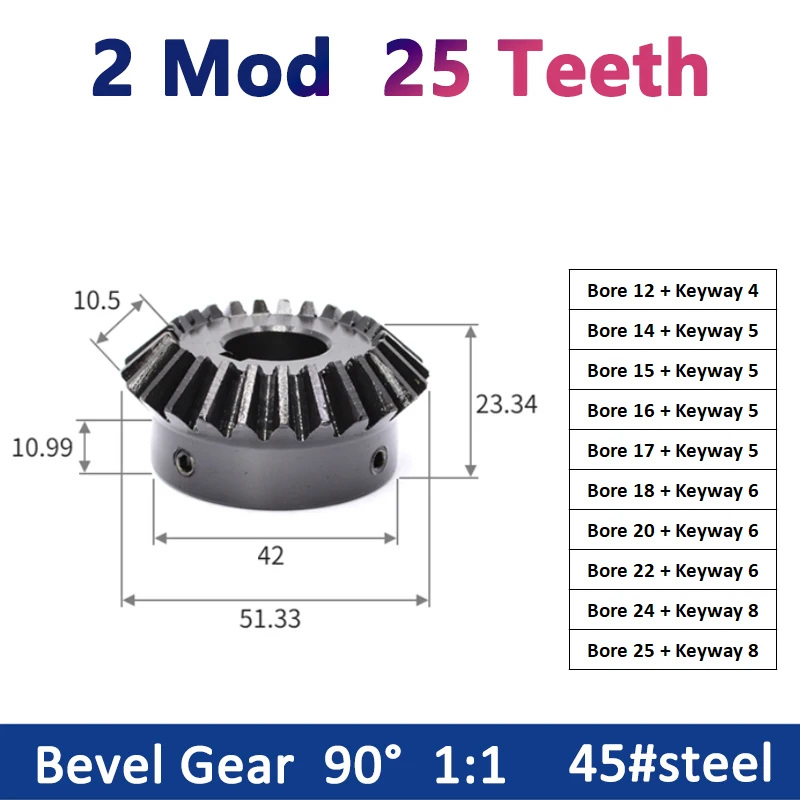 

1PCS 1:1 Bevel Gear 2M 25Teeth Keyway Bore 12/14/15/16/17/18/20/22/24/25mm Gear 90 Degrees Meshing Angle Steel Gears 45# Steel