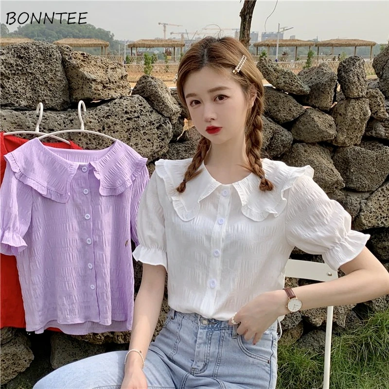 

Shirts Women Preppy Style Fashion New Design Puff Sleeve Sweet Spring Ruffles Peter Pan Collar Solid Simple Chic Cute Students