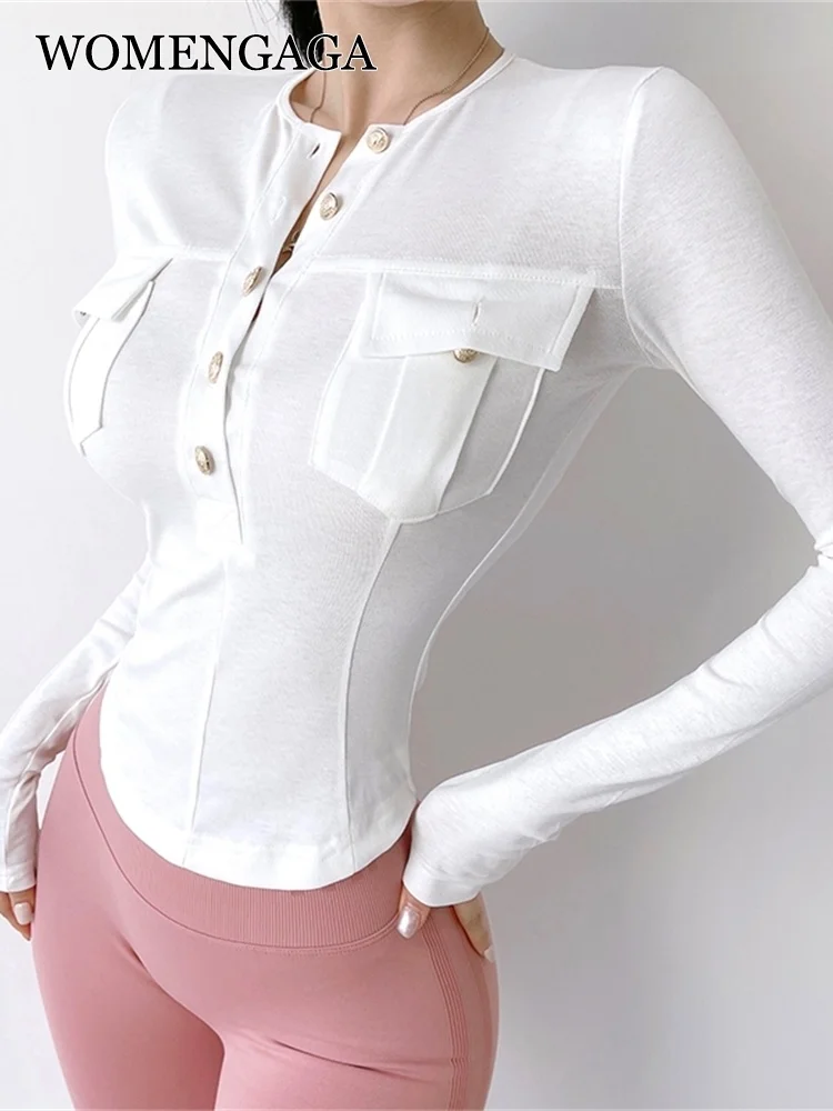 

WOMENGAGA Girl Sports Shirt Long Sleeve Pocket Quick Drying Top Women High Waist Closing Slim Fitness Autumn Winter Blouse B55A