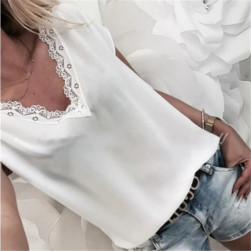 

Lace Patchwork t-shirt Fashion Women Short Sleeve V Neck Loose Casual Sexy Shirt Femme Office Lady Top Summer Clothes