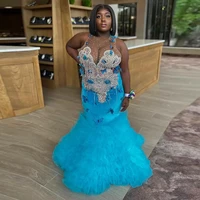 3d butterfly blue mermaid prom dresses aso ebi sheer neck beaded sleeveless ruffles tulle tiered sweep train evening gowns