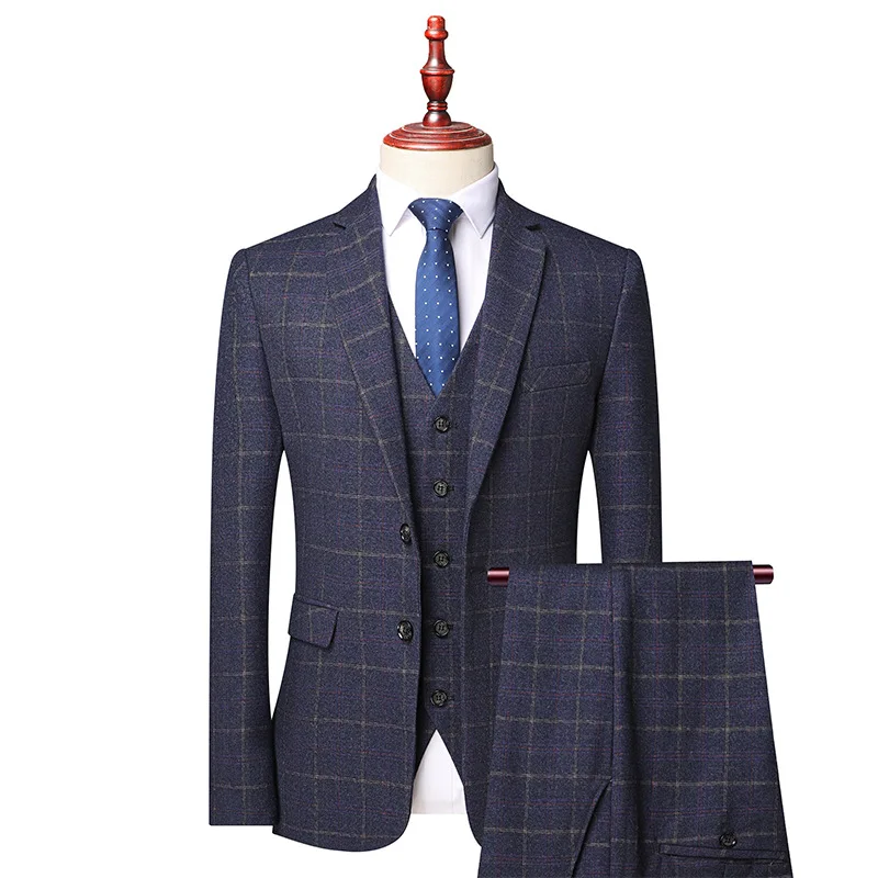 

( Jacket + Vest + Pants ) Three-piece Male Formal Business Plaids Suit for Men's Fashion Boutique Plaid Wedding Dress Blazer Men