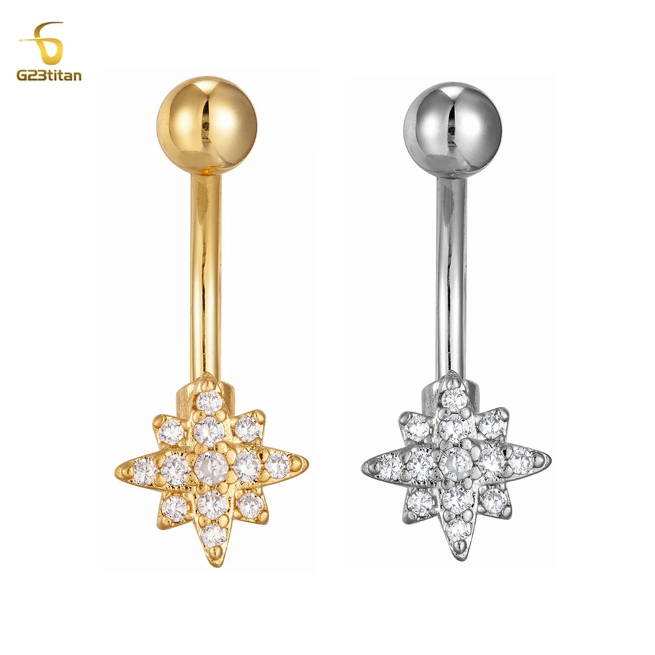 

Bright Zircons 8 Point Star Belly Button Ring 14G Gold Plated Surgical Steel Or Titanium Barbell Navel Piercing Women Jewelry