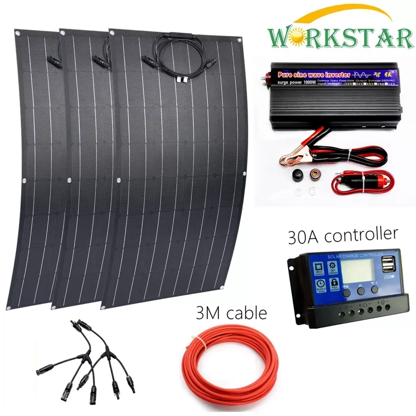 

WORKSTAR 3 x 100W ETFE Flexible Solar Panels Charger for RV/Boat 300w Solar Power System for Beginner 12V Solar Charger