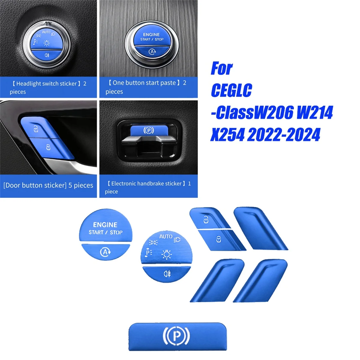 Car Interior One Key Start Headlight Handbrake Door Button Sticker Set for Mercedes-Benz C E GLC W206 W214 X254 Blue