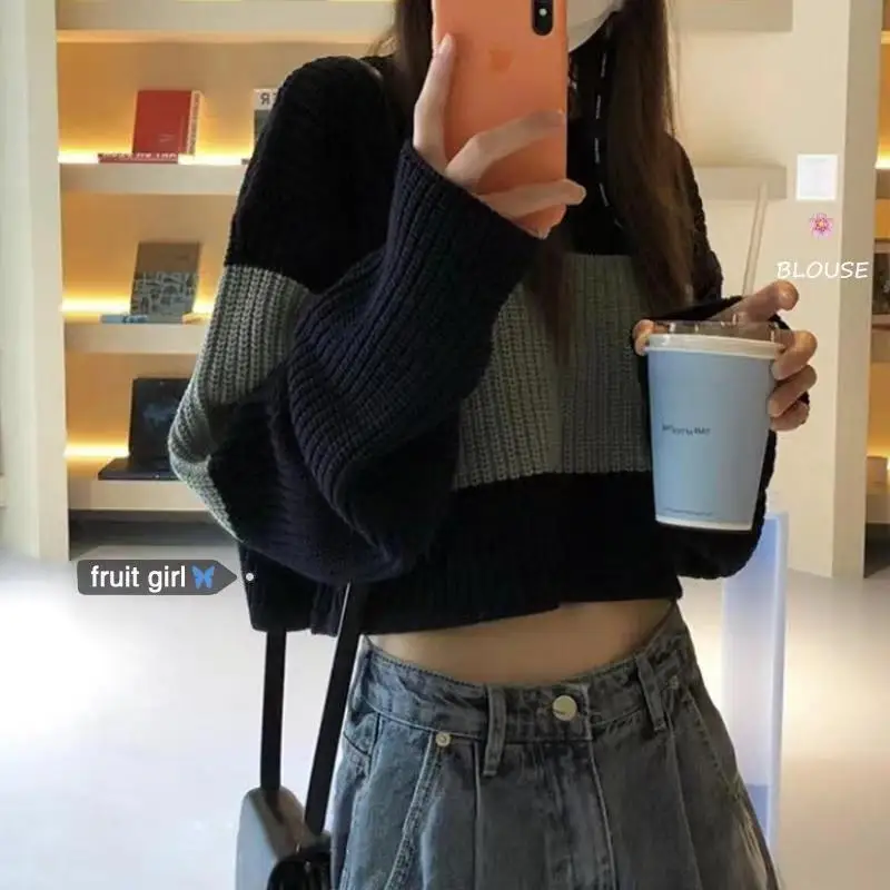 

New Style Women Sweaters Pullovers Short Patchwork Jumpers Retro women Sexy Loose Soft All-match Knitted Streetwear Sweet Fit