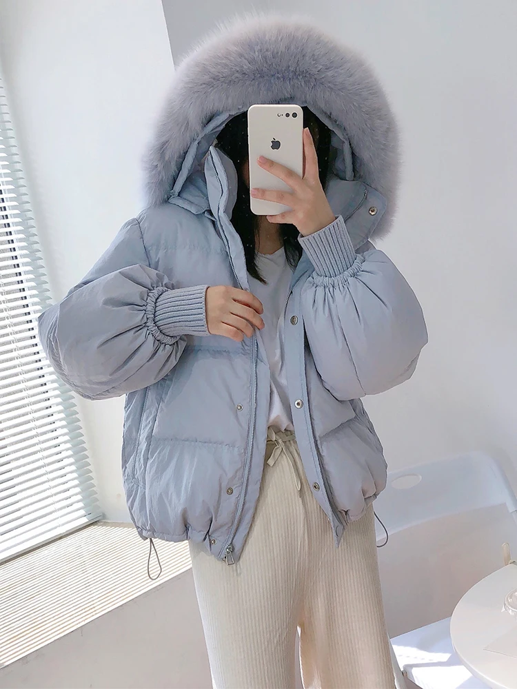 

FTLZZ Winter Women 90% White Duck Down Coat Large Fur Collar Hooded Drawstring Jacket Casual Loose Thick Warm Solid Outwear