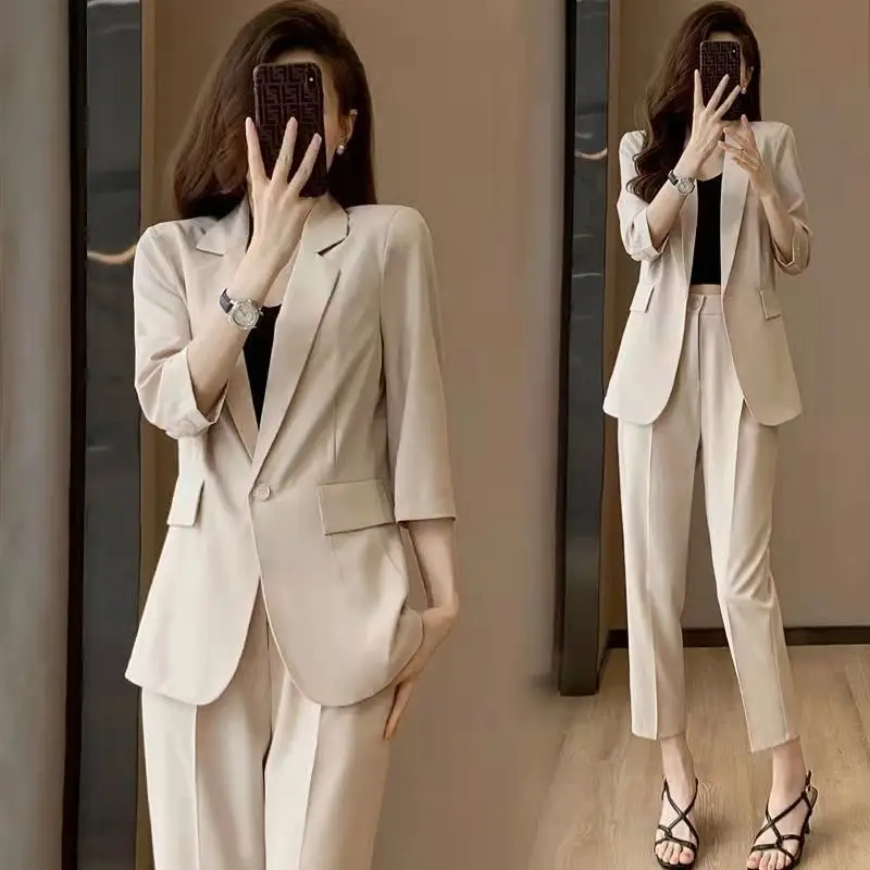 Women's Office Suit Fashion Blazer Pantsuit Solid 2022 Spring Half Sleeve Top Trousers 2 Piece Set Fashion Professional Slim J95
