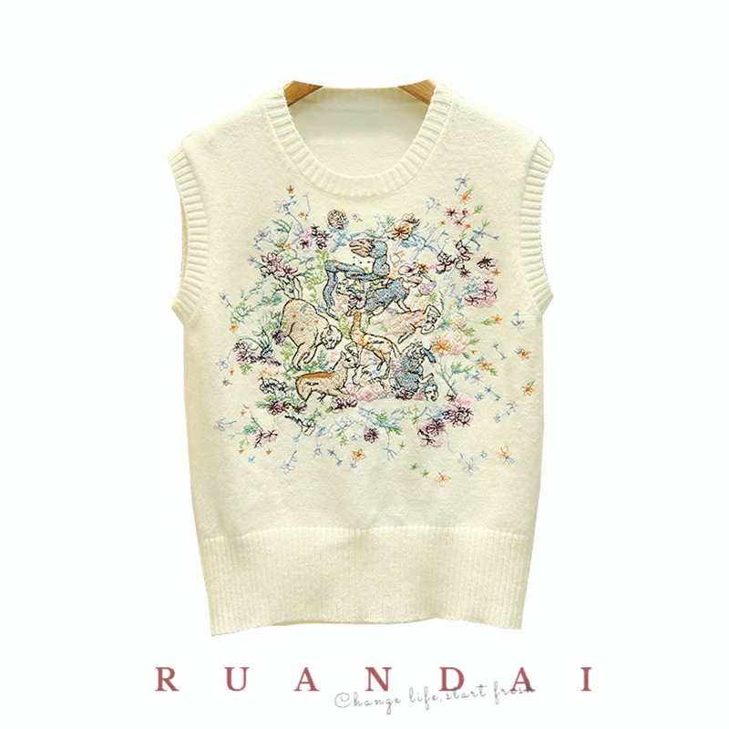 Mohair Embroidered Knit Undershirt for RUANDAI 2022 Summer New Women's Round Neck Loose Pullover Sweater Undershirt