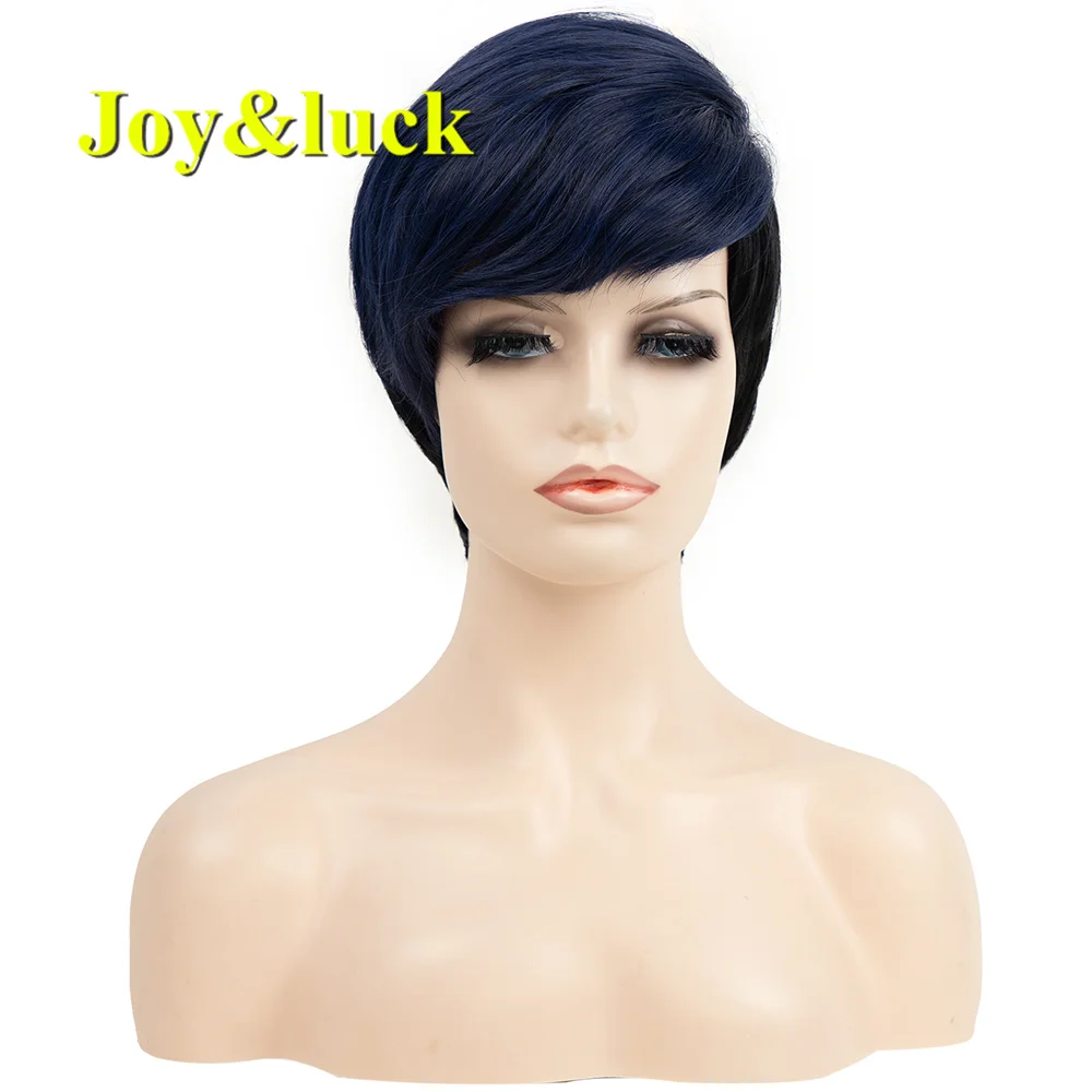 

Short Dark Blue Ombre Black Synthetic Wig Natural Straight With Side Bangs Women Hair High Temperature Fiber Cosplay Wig Female