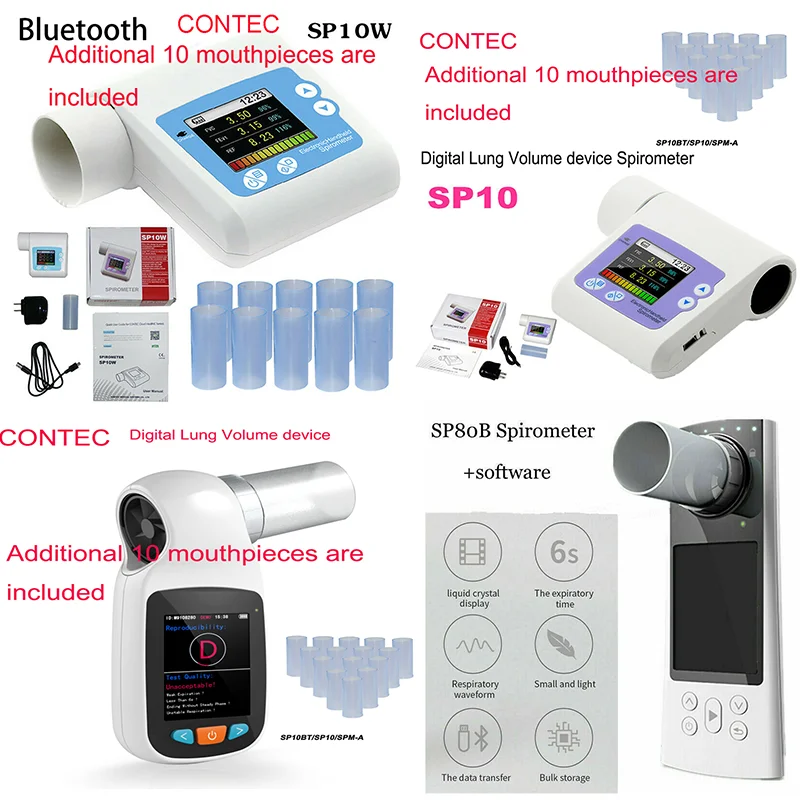 

Цифровой Bluetooth спирометр CONTEC SP80B SP70B SP10, диагностический виталограф для дыхания легких, Спирометр поставляется с 10 мундштуками