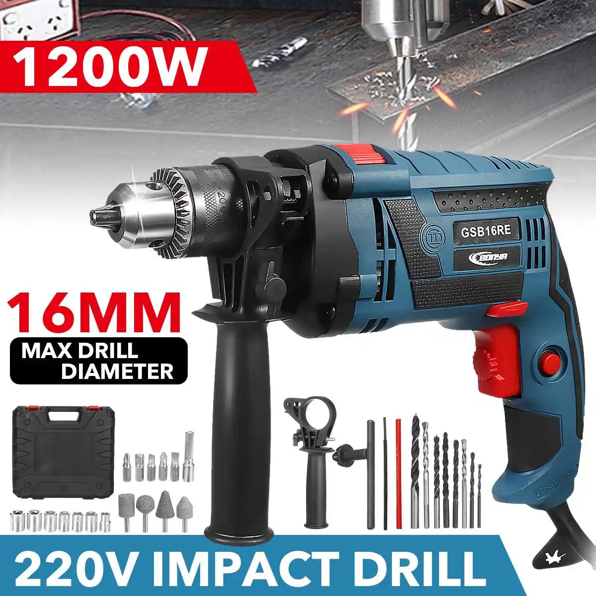 

220V 3800RPM 16mm Electric Impact Drill Rotary Hammer Drill Screwdriver Multifunctional Power Tool with Drill Bit Accessories