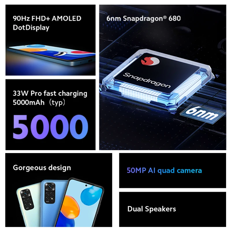Смартфон Xiaomi Redmi Note 11 64 ГБ/128 ГБ Snapdragon 680 90 Гц AMOLED дисплей 50мп четыре камеры 33 Вт 5000