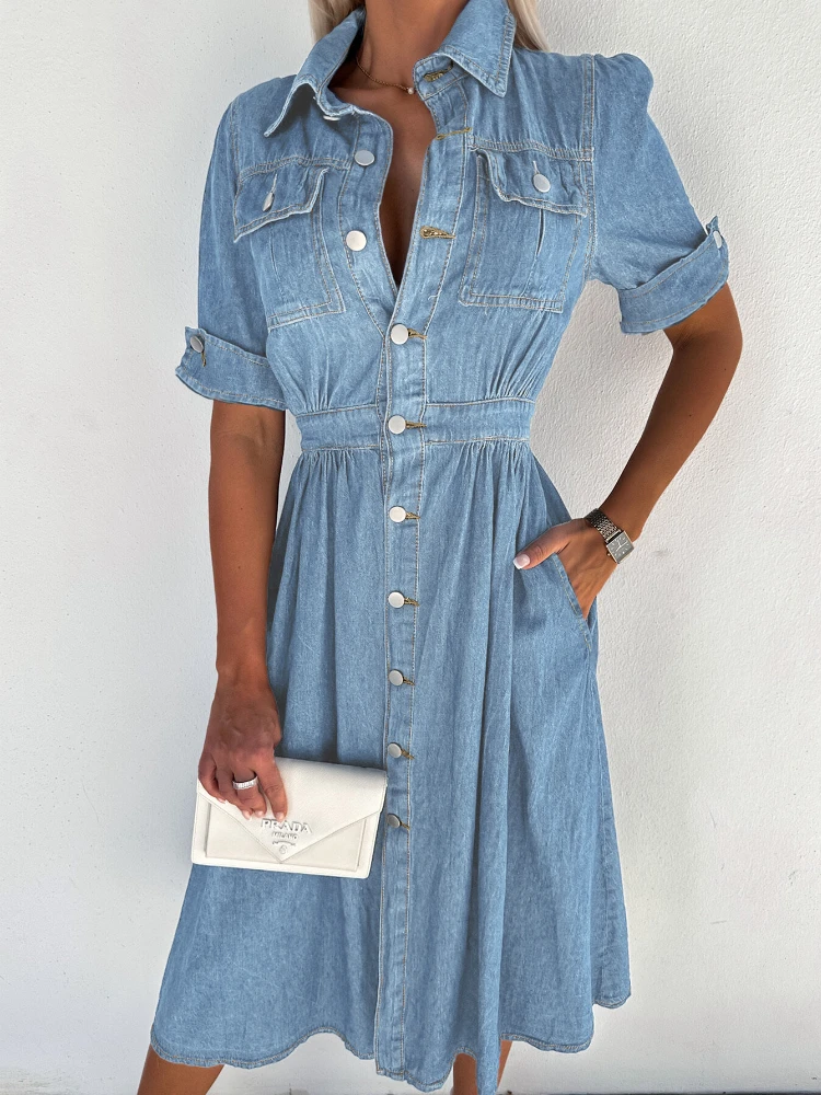 

Женское джинсовое платье с высокой талией LY VAREY LIN, повседневное винтажное однобортное длинное джинсовое платье трапециевидной формы с отложным воротником на лето