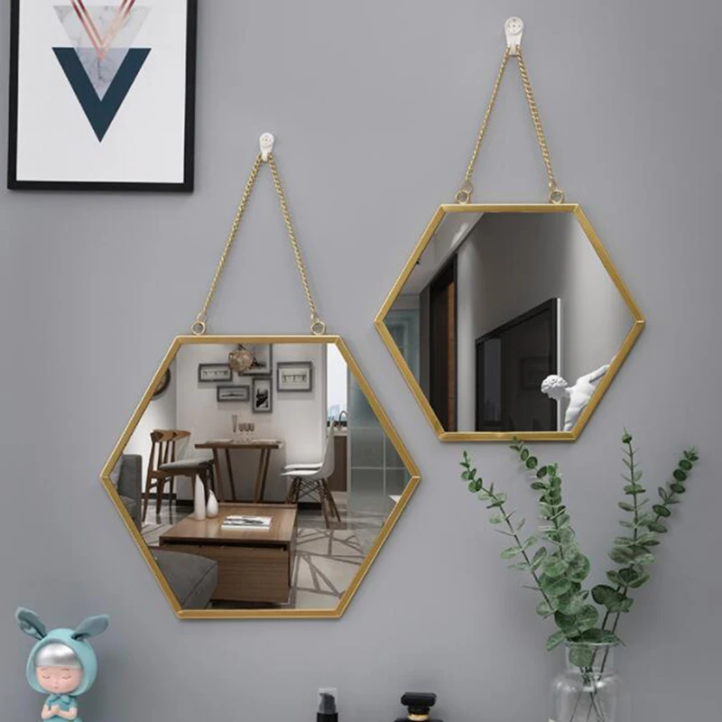 

Hanging Mirror Home Decor Room Decor Decorative Hexagon Wall Mirrors Home Decoration Accessories Gold Makeup Mirror Iron Art