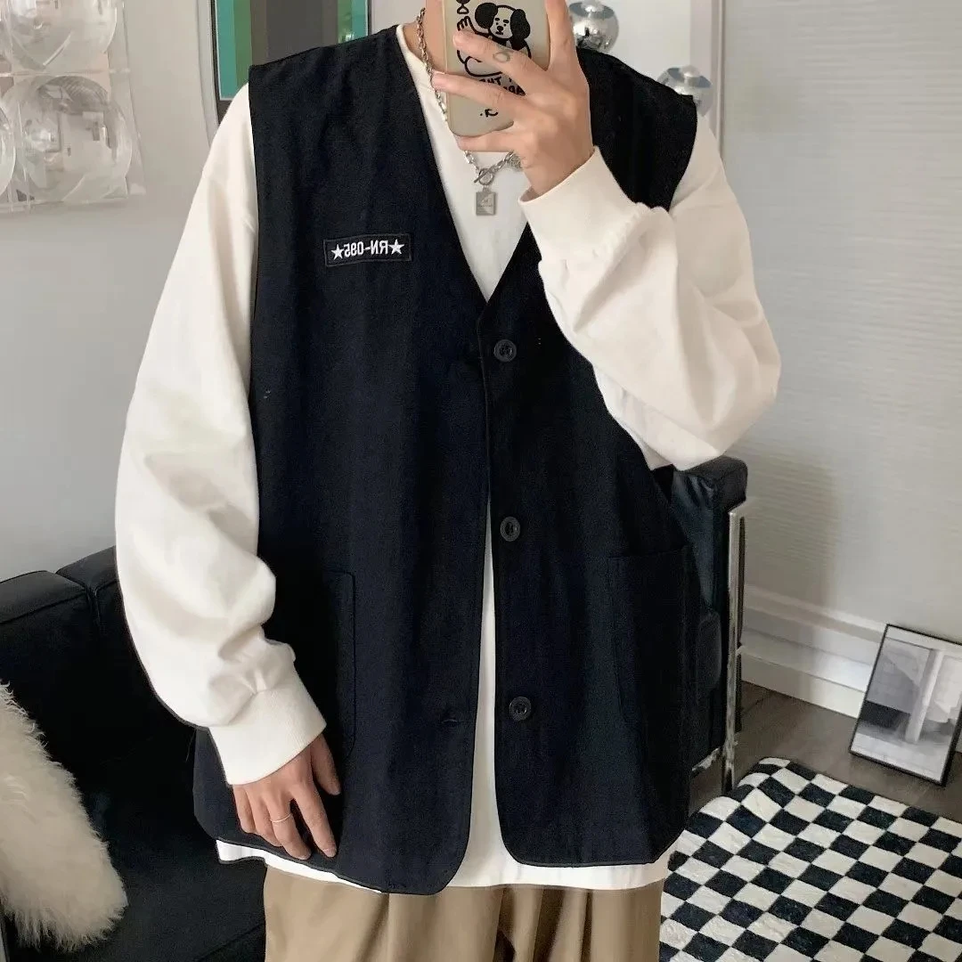 

Spring Summer Fashion Men's Sloid Cool Boy Casual Loose Safari Style Tess Button Vest Jacket Pocket Versatile Print