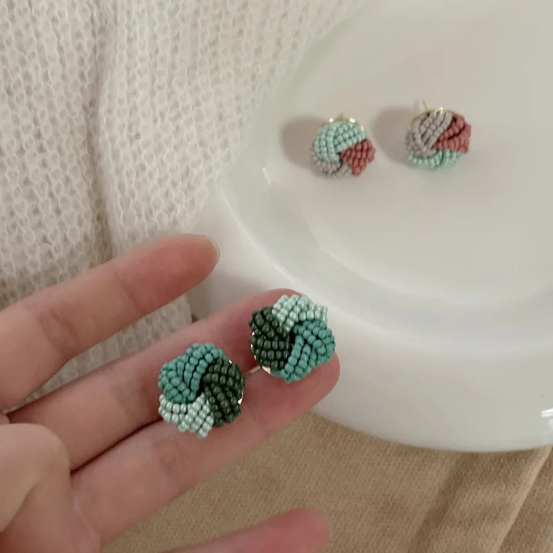 

Colorful Glass Beads Woven Bird's Nest Stud Earrings for Women High-end Fashion Temperament Earring Party Jewelry Wholesale