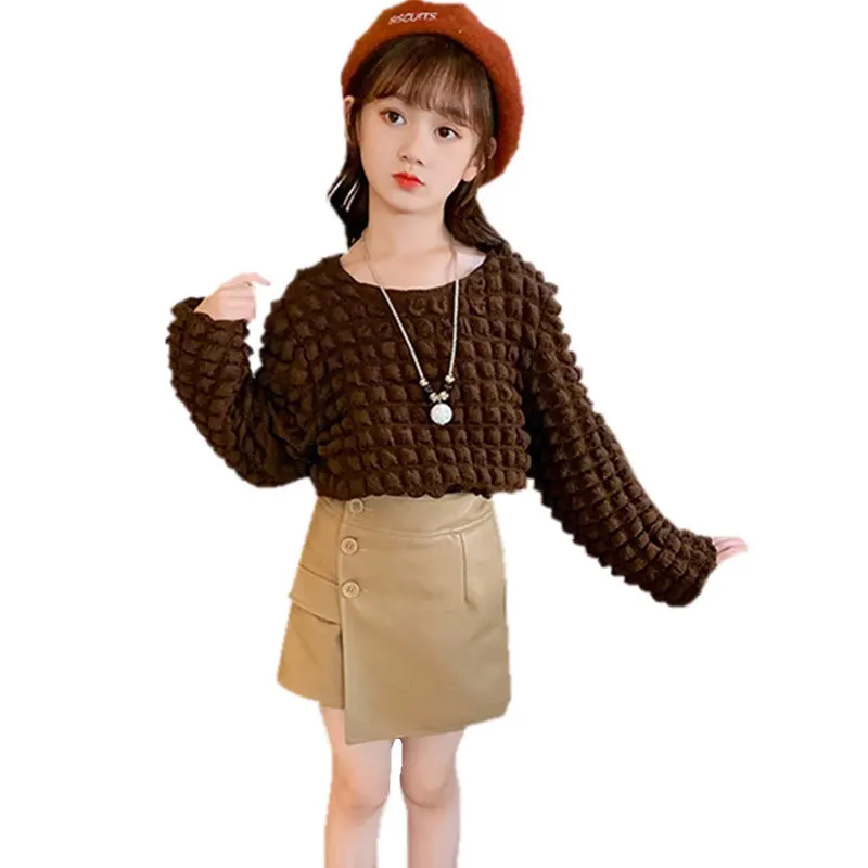 Kids Clothes Fashion Girl Sets 2022 Autumn Children Long Sleeve Top+Leather Pantskirt Suit Teenage Girls Clothing 8 10 12 13Year