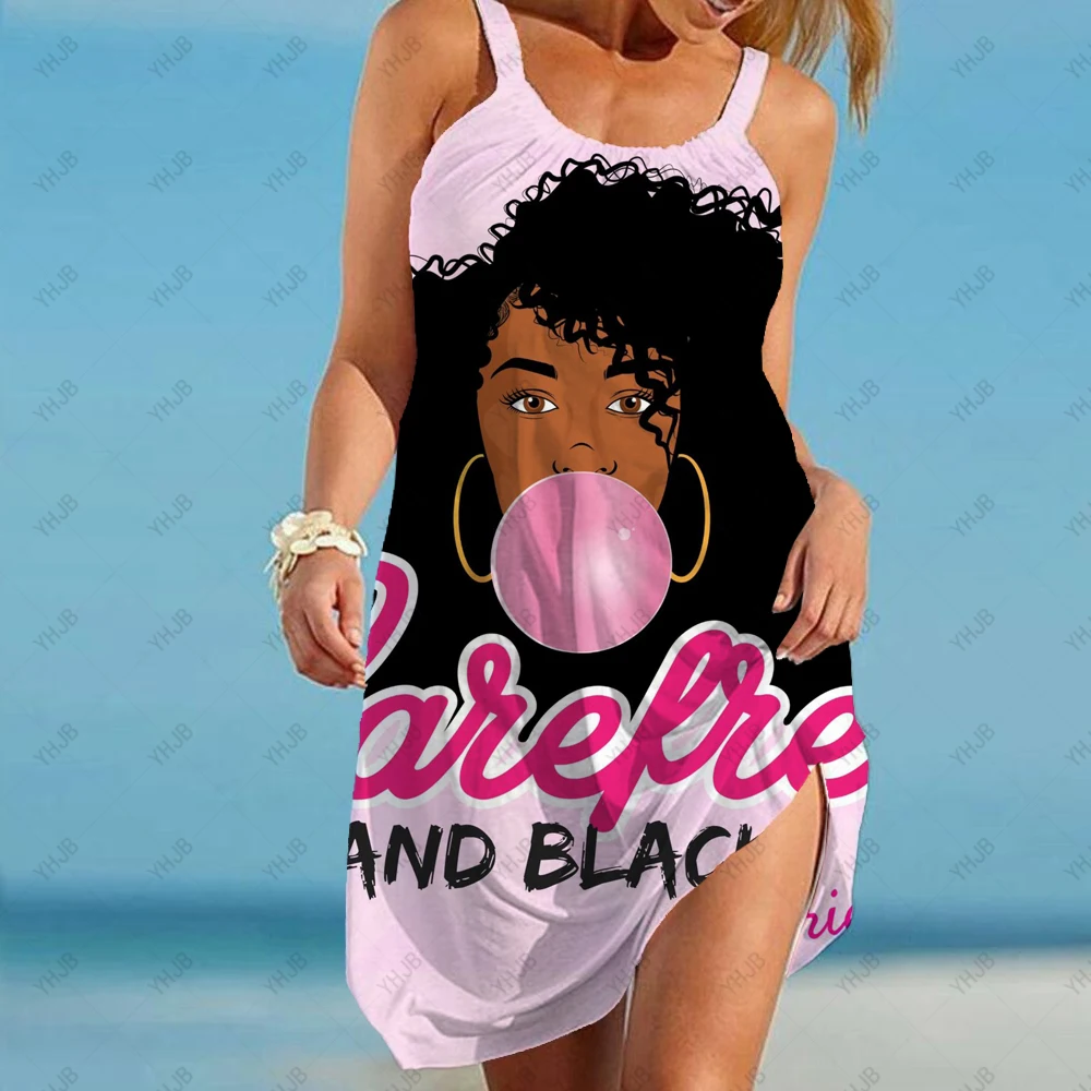 

Fashion Girl Print Women Fashion Dress Midi Summer Sexy Beach Dress Boho Sleeveless Party Dress Elegant Sundress Hem