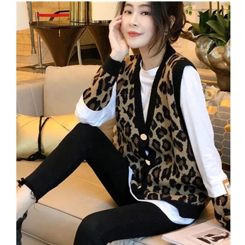 Леопардовый жилет кардиган для женщин Ранняя весна 2023 Свободный вязаный с