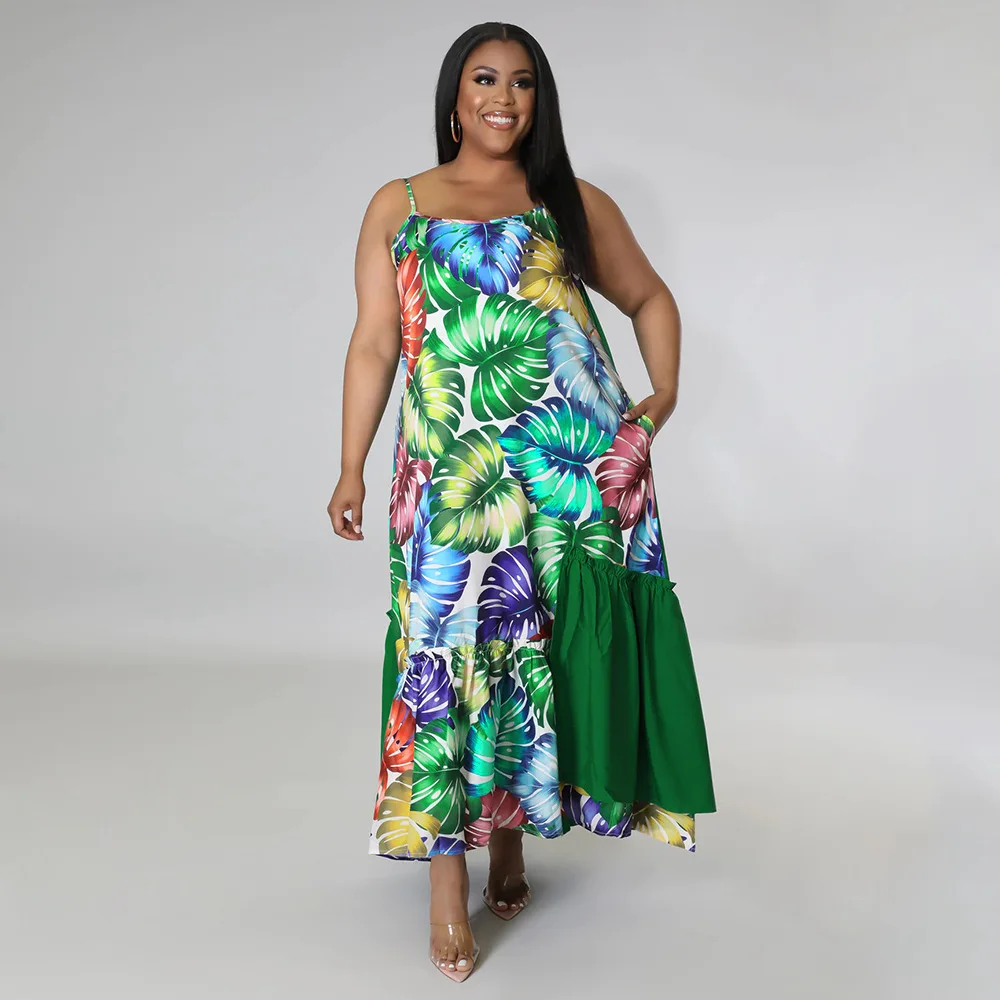 

Women Leaf Print Ruffles Patchwork Loose Big Swing Maxi Long Dress Boho Spaghetti Strap Dresses
