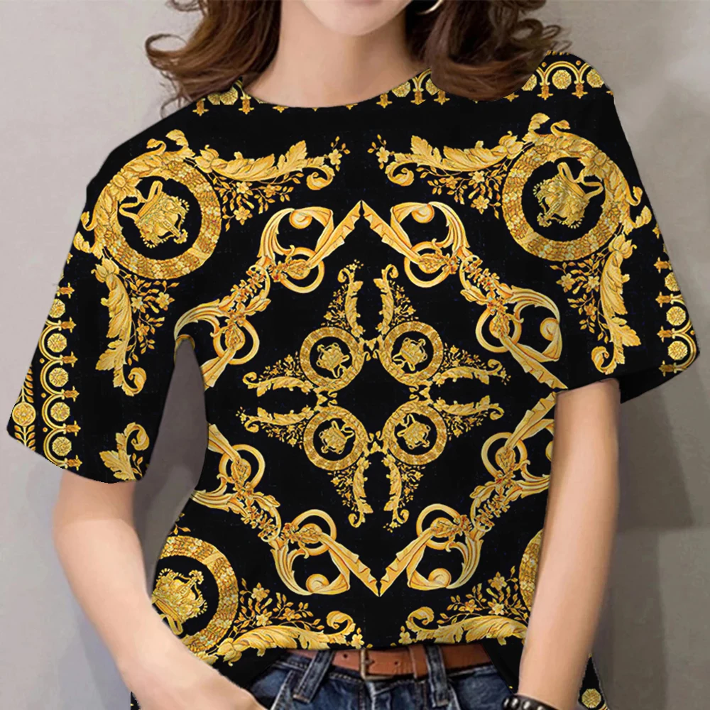 

Summer Women's Short Sleeve 3D Top Baroque K2y Luxury Shirt Design Casual Crew-neck Oversized Size Loose Comfortable T-shirt