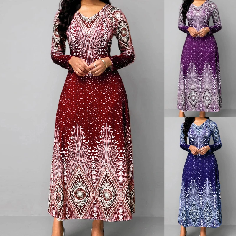 

Vintage V-neck Print Ball Gown Maxi Dressss Women 2022 Spring Summer Casual Long Sleeve Elegant Slim Long Party Dress