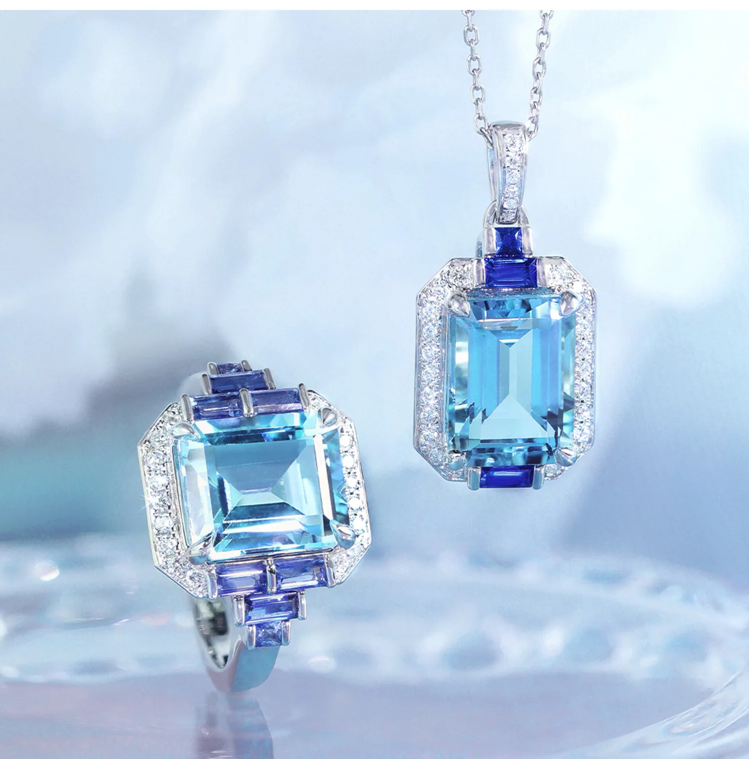 

Foydjew Luxury Silver Color Wedding Engagement Jewelry Sets Simulation Aquamarine Sea Blue Topaz Stone Pendant Necklaces Rings