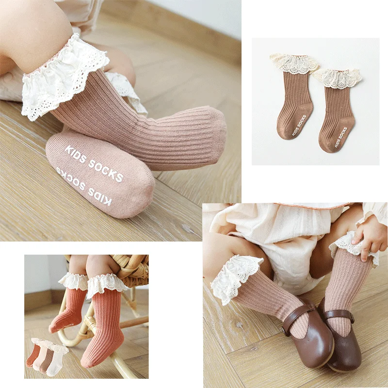

Newborn Kids Infant Girls Knee High Lace Socks Baby Socks Toddler Girl Anti Slip Cotton Brand Long Sock For 0-3 Years Children
