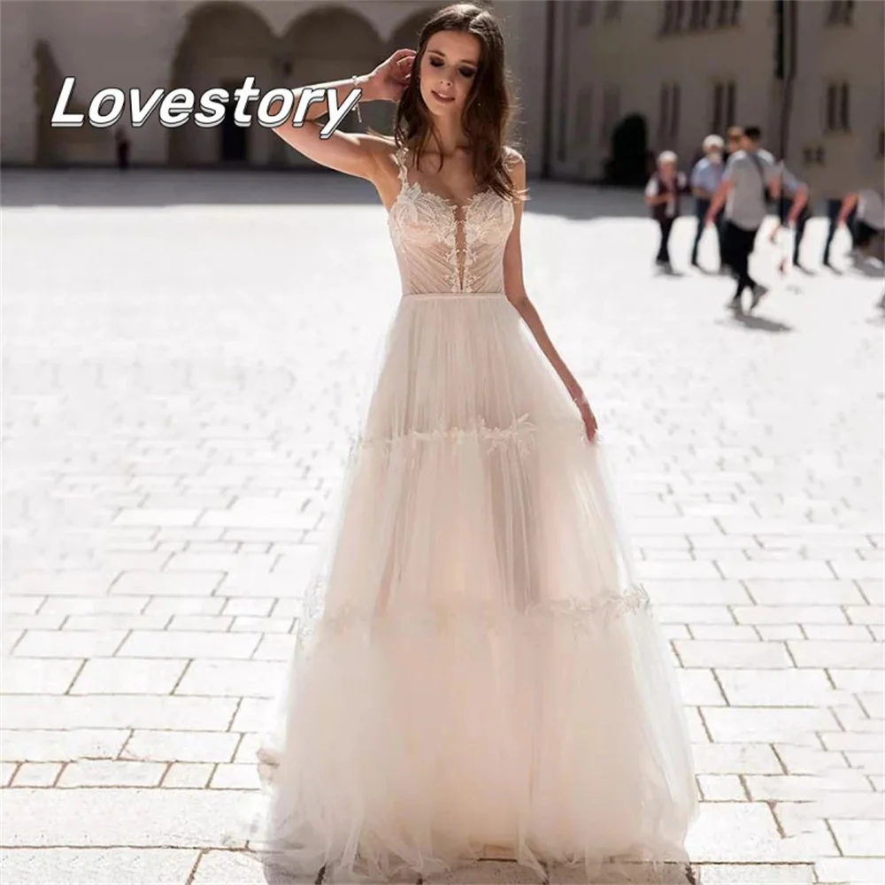 

A Line Wedding Dresses Puffy Tulle Backless Boho Bridal Gown V Neck Applique Arabic Sleeveless Custom Made Lace Vestido De Noiva