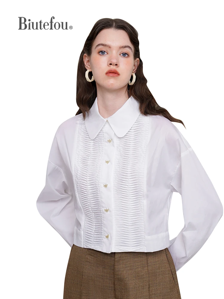 2023 Spring Women Pleat Paper Cranes Design White Shirt