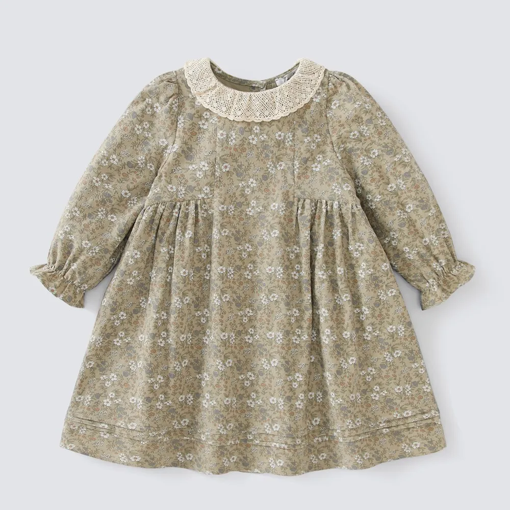 

Платье для девочек Одежда для маленьких девочек во французском пасторальном стиле ретро с принтом кружевное лоскутное платье с длинным рукавом