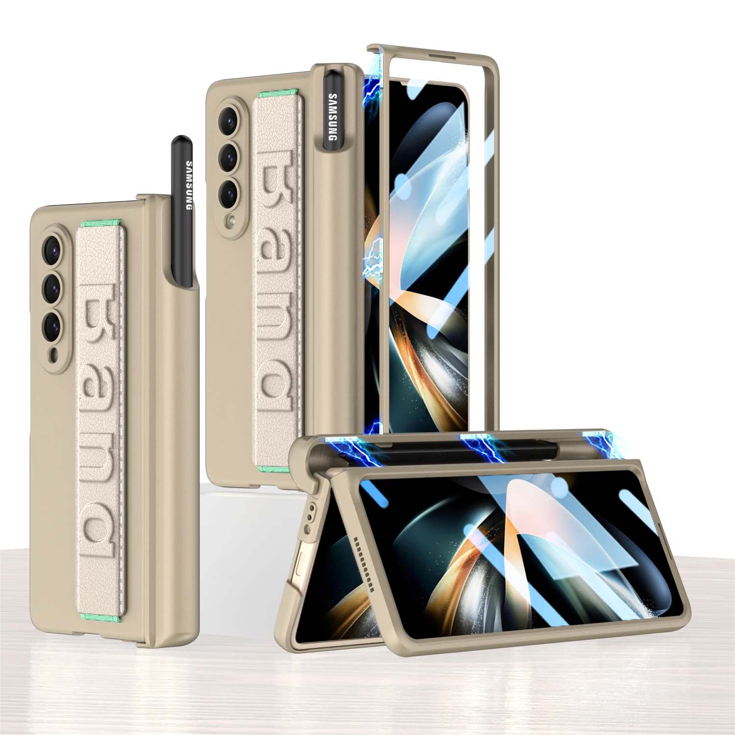 

Luxury Wristband Cell Phone Folding Case for Samsung Galaxy Z Fold4 Fold 4 Fold3 Fold 3 5G Full Protection Glass Film Cover