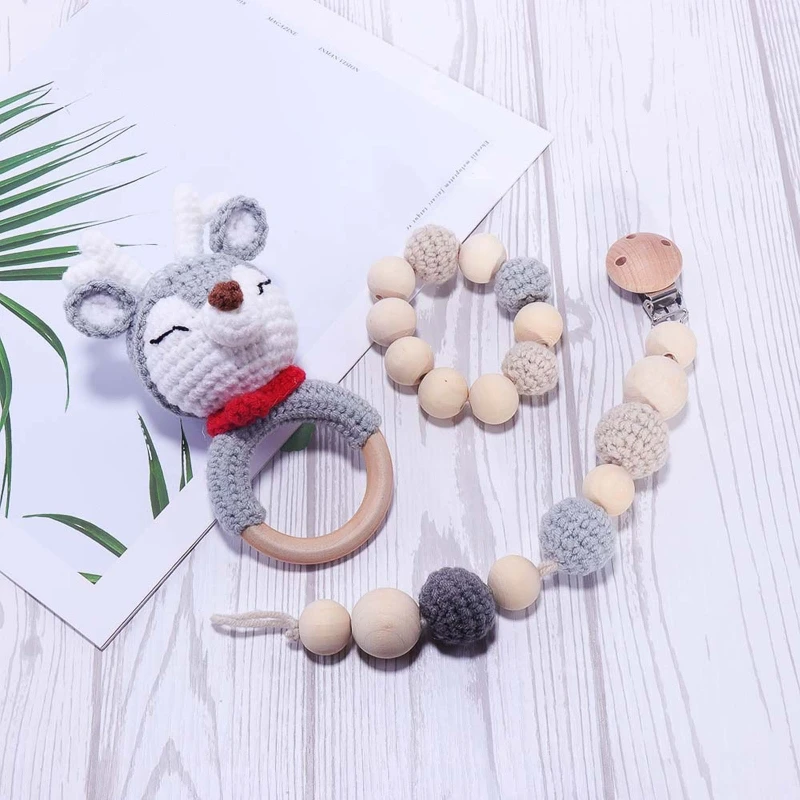 

3 Pcs Baby Pacifier Chain Clip Wooden Bracelet Crochet Deer Rattle Teething Toy