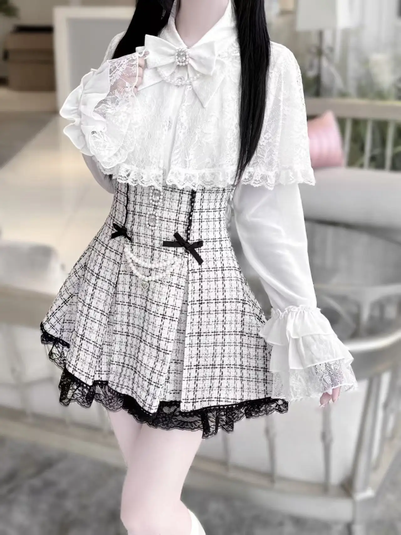 Новинка 2024 года весенняя накидка с жемчужным бантом и кружевными рукавами