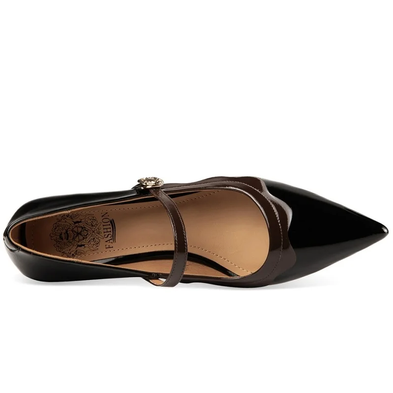 【JOCHEBED HU】Brand Genuine Leather New Style Small Pointed Toe Color Matching Shallow Mouth Mary Janes Shoe Strap Mid-Heel 33-43