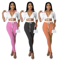 summer sexy two piece set women fashion v neck lace up crop top houndstooth slim trousers suit two piece set women