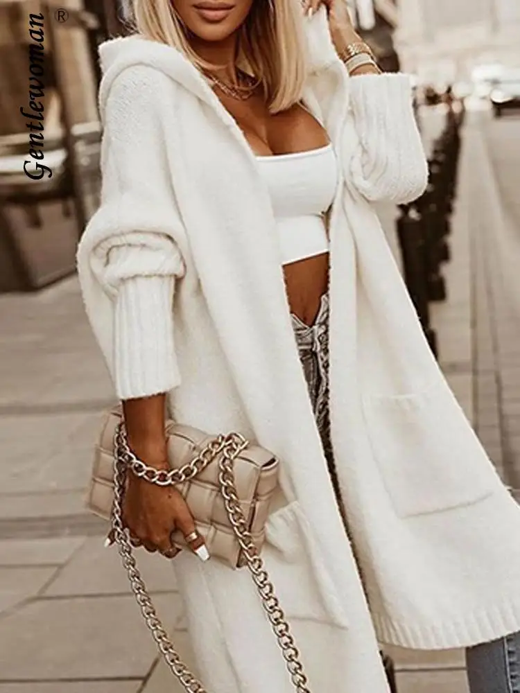 

Women's Long Kintted Cardigan Hood Letter Print Ribbed Loose Cardigans Sweater Warm Fall Casual Female Outwear 2022 New in