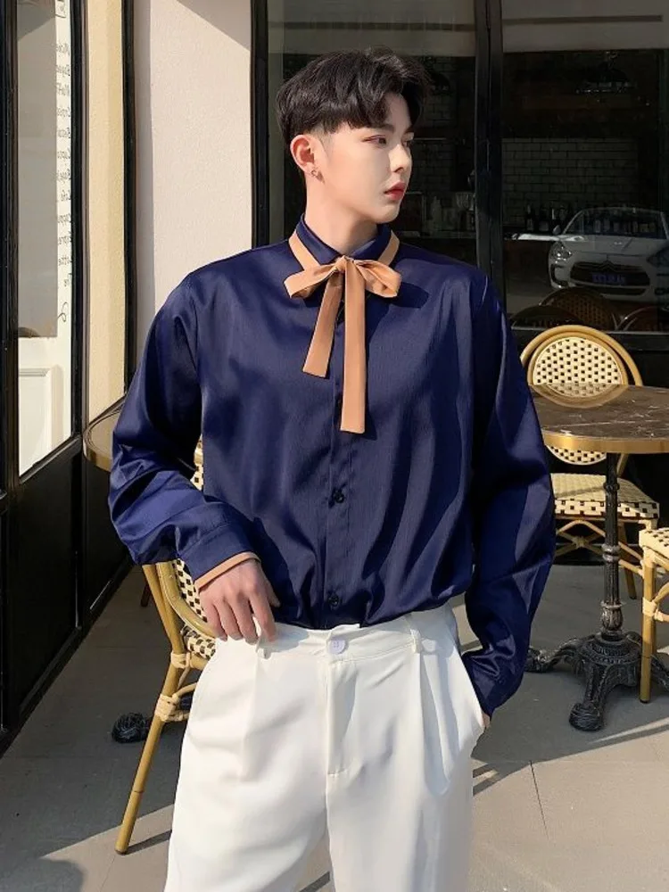 

SYUHGFA 2022 Autumn Lapel Long Sleeve Tie Deisng Business Shirt For Men Loose Casual Korea Streetwear Shirts Men Clothing